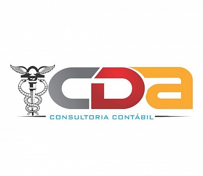 Caduceu na cor preta; e as lentras maiusculas CDA em cinza, vermelho e amarelo, respectivamente; e escrito abaixo Consultoria Contábil na cor azul.