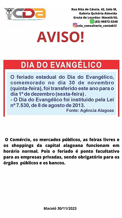 Aviso referente ao dia do evangélico.