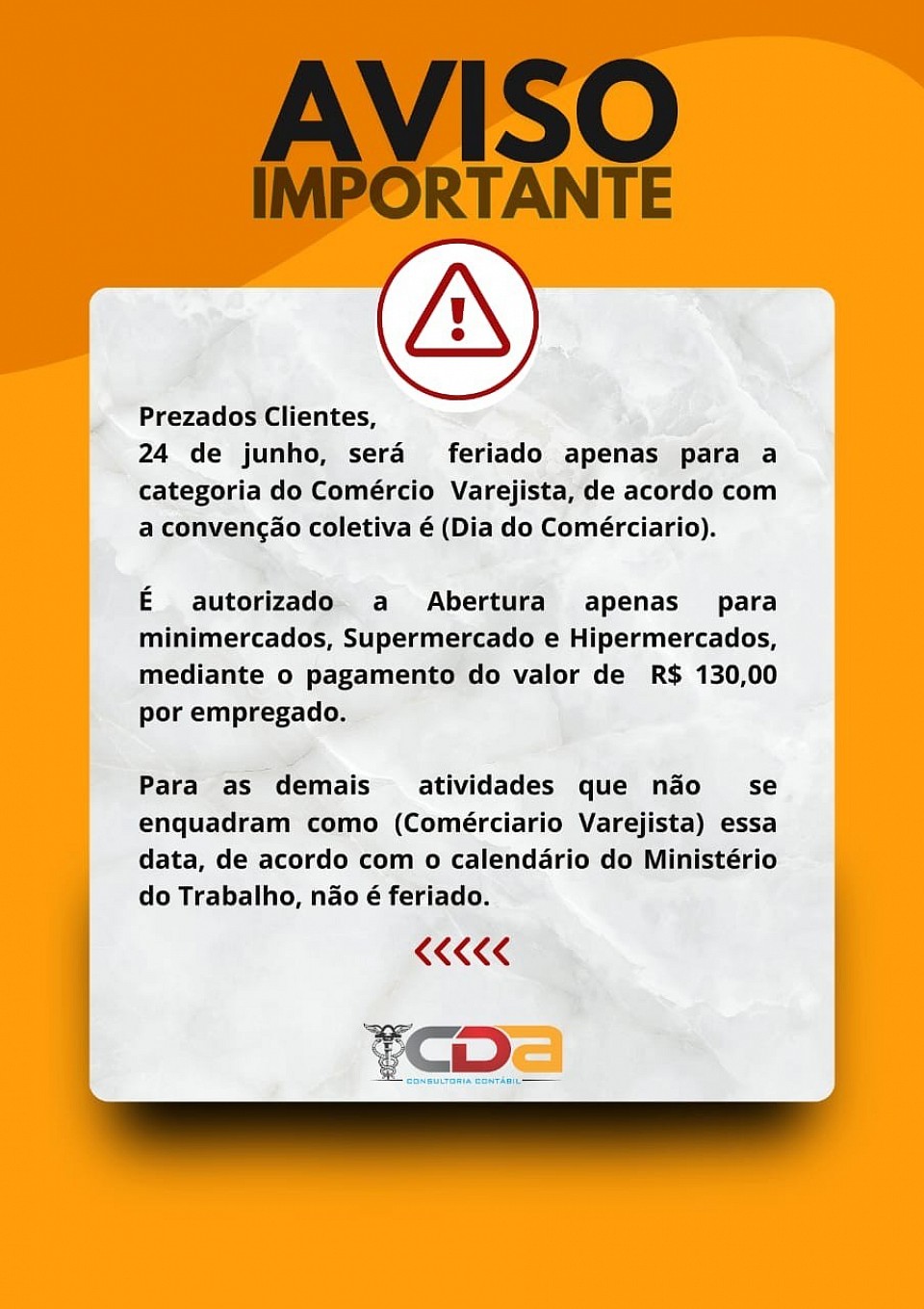 AVISO DO DIA DO COMERCIÁRIO, COM LOGO DA CDA.
